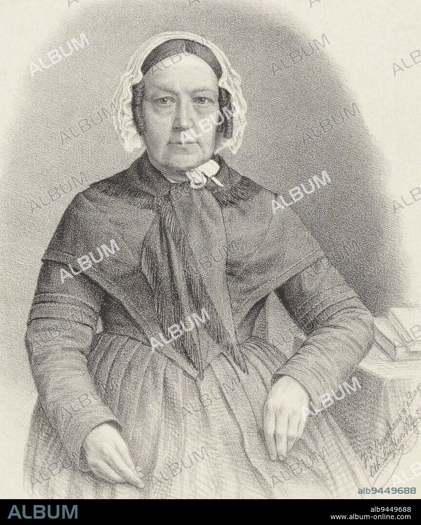 Portrait of an unknown woman, possibly Jacoba M. de Jong, Johann Peter Berghaus, after anonymous, 1854, The person portrayed is standing next to a table with two books on it. She rests her left elbow on the table. She wears a white hood and a dark shawl., print maker: Johann Peter Berghaus, (mentioned on object), anonymous, (mentioned on object), Leiden, 2-Dec-1854, paper, h 436 mm - w 347 mm.