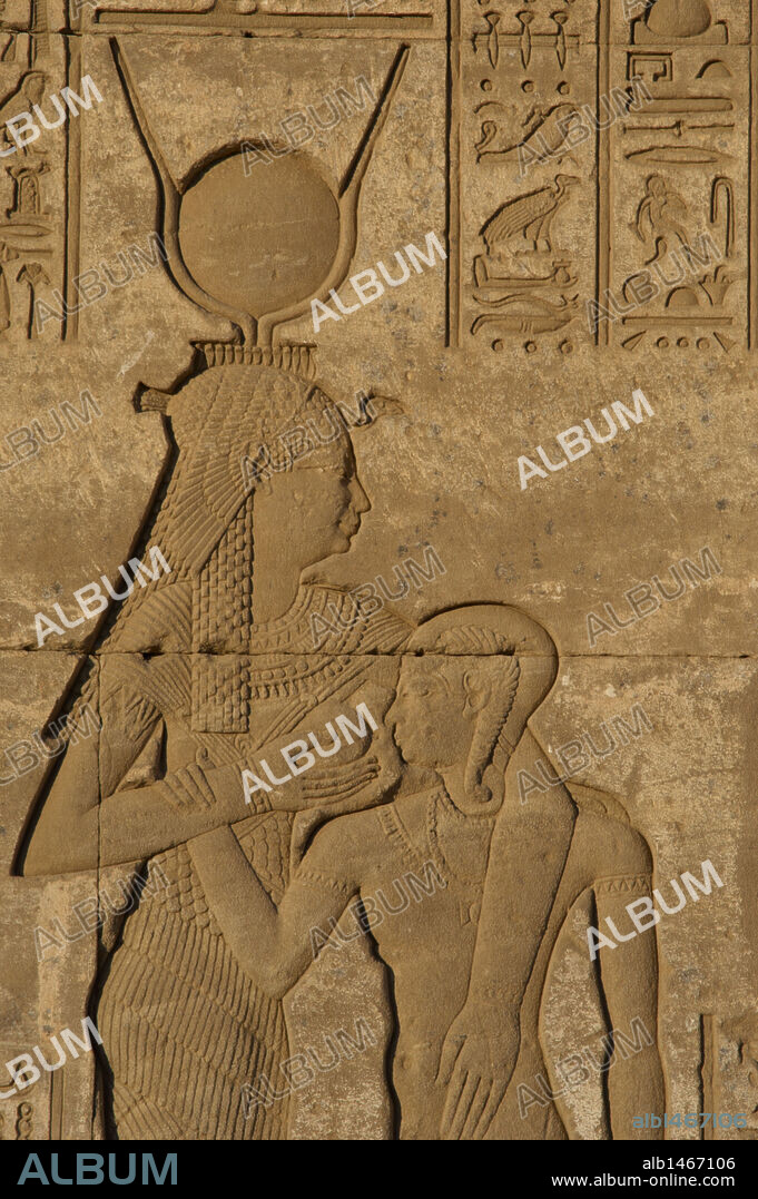 Egypt. Dendera. Temple complex. Roman Birth House of Mammisi. Goddess Hathor suckling her son. Relief.
