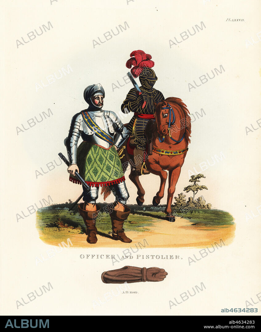 Cavalry officer and pistolier, 1640. Officer with pistol in helmet and suit of armour with buckram skirt over his cuisses, boots and sash sword belt. Private pistolier on horseback in suit of black armour engraved in gilt with plumed helmet. Handcoloured lithograph by Maddocks after an illustration by S.R. Meyrick from Sir Samuel Rush Meyrick's A Critical Inquiry into Antient Armour, John Dowding, London, 1842.
