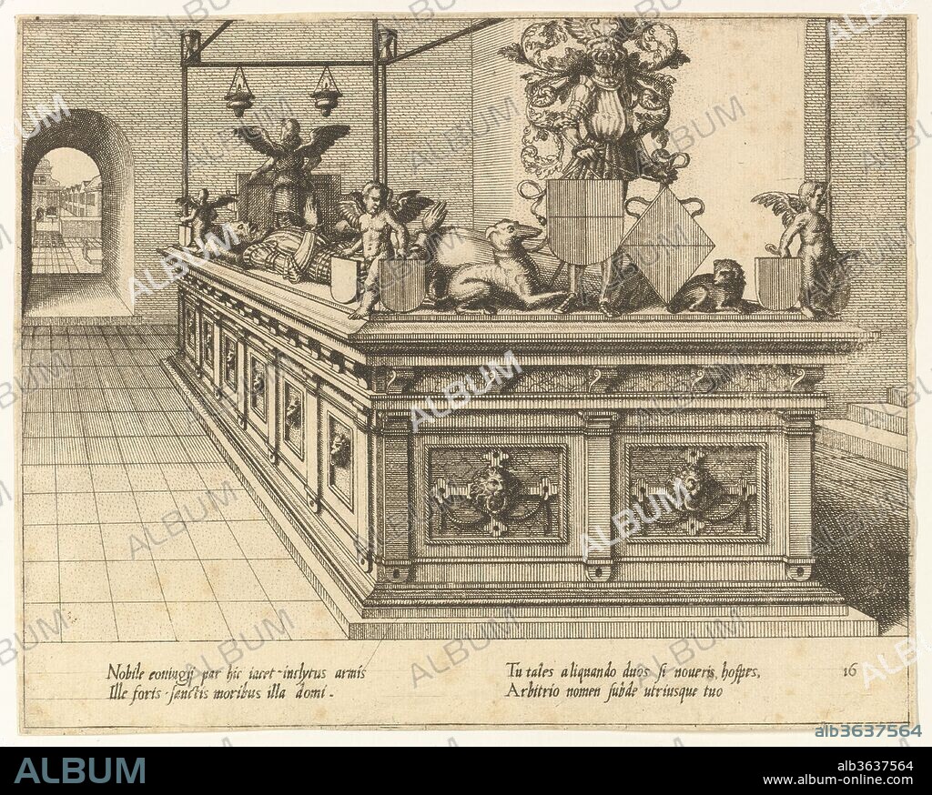 Coenotaphiorum (16). Artist: Hans Vredeman de Vries (Netherlandish, Leeuwarden 1527-1606 (?)  Antwerp (?)); Engraved by Johannes van Doetecum the elder (Netherlandish, active 1554-ca. 1600, died 1605); Engraved by Lucas van Doetecum (Netherlandish, active 1554-72, died before 1589). Dimensions: sheet: 6 9/16 x 8 1/4 in. (16.7 x 21 cm). Publisher: Hieronymus Cock (Netherlandish, Antwerp ca. 1510-1570 Antwerp). Date: 1563.
Freestanding funerary monument for a man and a woman in an interior. The effigies of a sleeping man and woman have been placed on top of the rectangular tomb. The tomb is crowned by a baldachin with hourglasses on the four corners. The lower end of the tomb is characterized by a harnassed figure carrying two blank coats of arms. On the left side of the print an archway is visible which provides a view of the outside. Below the image a Latin inscription is added consisting of four lines, divided over two columns.