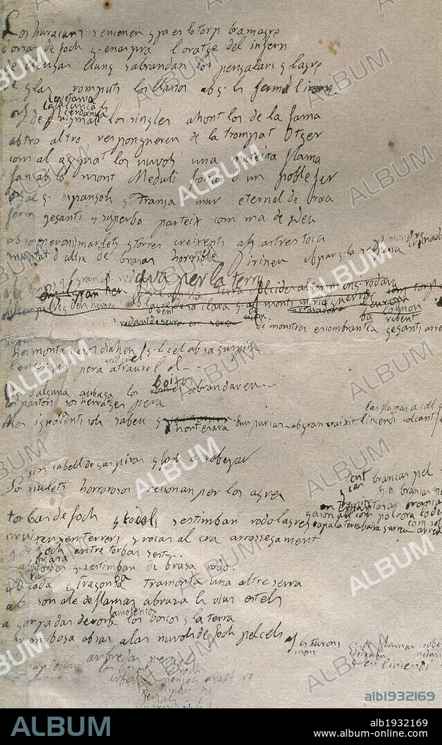 LITERATURA CATALANA. Siglo XIX VERDAGUER, Jacinto (1845-1902). Poeta y eclesiástico. "L'ATLANTIDA"- (Juegos Florales de 1877). Manuscrito autógrafo. Folio 42, con diversos cantos de la obra. "Los huracans encenen ja es lo torp bramage donar de foch... ". Biblioteca de Cataluña. Barcelona.