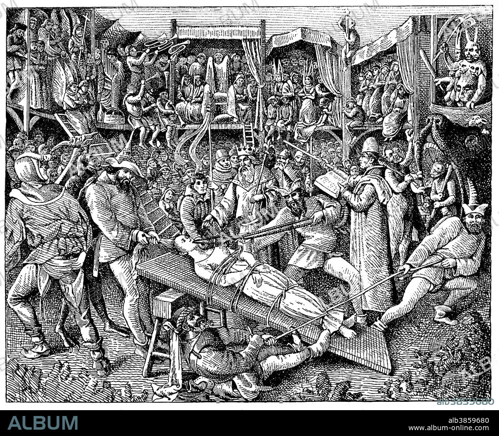 Historical print from the 19th Century, depiction of medieval torture, mystery drama