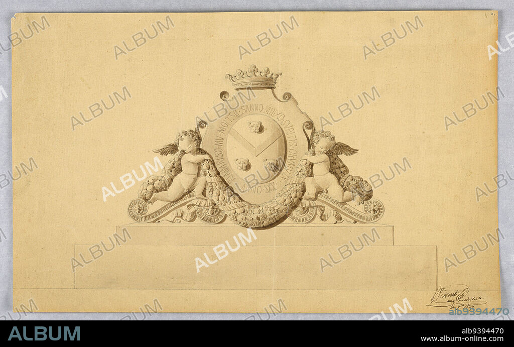 Design for a crest with a coat of arms, Louis Tullius Joachim Visconti, Italian, active in France, 1791 - 1853, Pen and brown ink, brush and brown wash, traces of graphite on cream laid paper, A design for a coat of arms rests on a two-storied base. A winged putto rests on either side of the crest, each kneeling atop a scrolling ornament. They each hold an end of a festoon upon which a crowned escutcheon rests bearing three small lioness heads and an inscription., Italy/France, 1829, Drawing, Drawing.