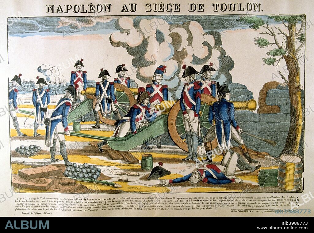 'Napoleon at the Siege of Toulon', 1793, (c1835). In August the fervently anti-revolutionary port of Toulon was occupied by the Bourbons and a British, Spanish and pro-Bourbon military force, together with naval support. Paris reacted quickly and laid siege to the city on 7 September, with several attempts to recapture it failing through poor leadership by generals Jean Carteaux and Francois Doppet. Their poor performances led to a young Chef de Bataillon Napoleon Bonaparte scheming with political allies to replace them with General Jacques Dugommier. The new commander then agreed to plans put forward by Bonaparte to storm a key fort that would allow French artillery to bombard the British fleet anchored in the harbour. The attack occurred on 17 December, in which Bonaparte was wounded by a bayonet in the leg, and less than a day later the British fleet, under Admiral Lord Hood, sailed away. On the 19th revolutionary troops reoccupied Toulon earning Bonaparte promotion to general of brigade.