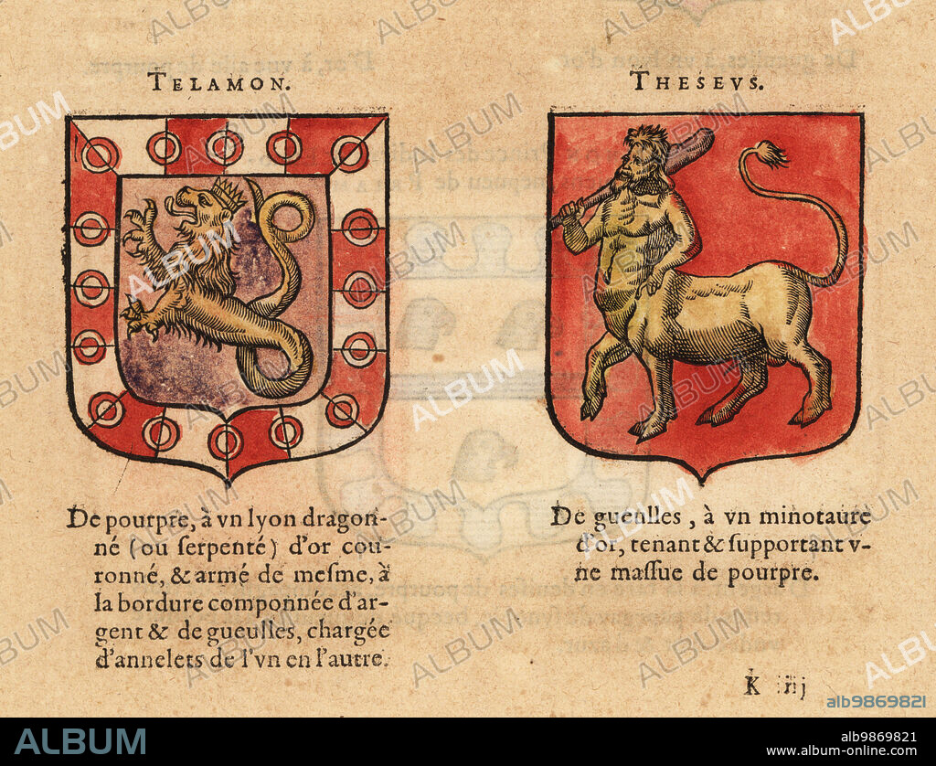 Imaginary coats of arms of Telamon, son of King Aeacus, with dragon-tailed lion chimera and Theseus with gold minotaur. Handcoloured woodblock engraving from Hierosme de Baras Le Blason des Armoiries, Chez Rolet Boutonne, Paris, 1628.