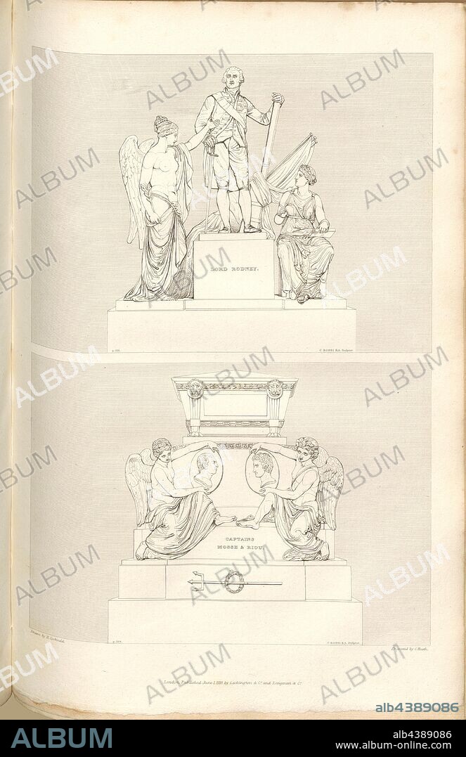 Lord Rodney, and Captains Mosse and Riou, Monuments to Captain James Robert Mosse, Captain Edward Riou and Lord Rodney, signed: Drawn by H. Corbould; Engraved by C. Heath; Published by Lackington & Co. and Longman & Co., Pl. LIX, at p. 208, Corbould, H. (drawing); Heath, C. (engraving); Lackington & Co. (publ.); Longman & Co. (publ.), William Dugdale, Henry Ellis: The history of Saint Paul's Cathedral in London, from its foundation: extracted out of original charters, records, leiger-books, and other manuscripts. London: printed for Lackington, Hughes, Harding, Mavor, and Jones; and Longman, Hurst, Rees, Orme, and Brown, 1818.