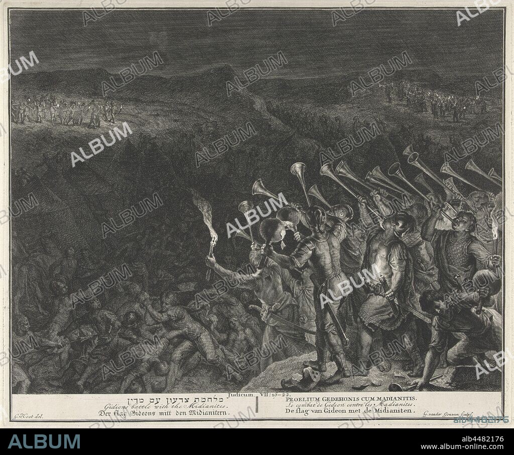 Fight against the Midianites, The Israelites, divided into three groups, attack the Midianite camp at night. They blow on trumpets and smash water jars in which torches are hidden. The Midianites panic and attack each other (Ri. 7: 16-22). The print has a Hebrew, Latin, French, English, German and Dutch caption, the attack on the Midianites: Gideon and his men blow their trumpets, break their pitchers, and hold their lamps, Gilliam van der Gouwen (mentioned on object), 1728, paper, engraving, w 432 mm × h 358 mm.