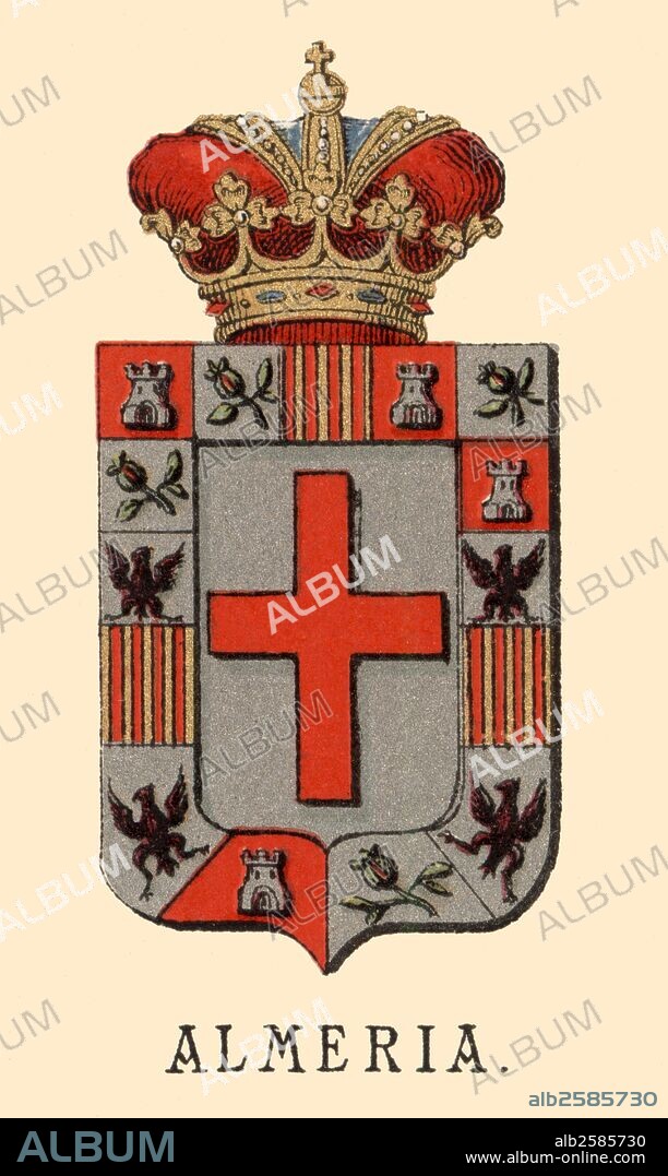 España. Heráldica. Escudo de armas de la provincia de Almería. Grabado de 1878.