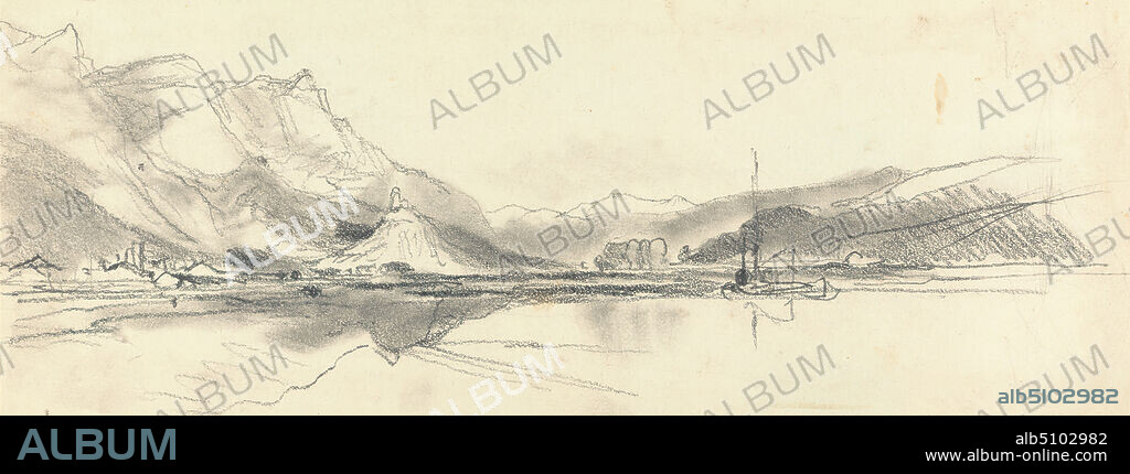 On the Rhine, William James Muller, 18121845, British, 1834, Graphite on medium, slightly textured, cream, wove paper, Sheet: 4 1/16 x 10 7/8 inches (10.3 x 27.6 cm), mountains, river, Rhine.