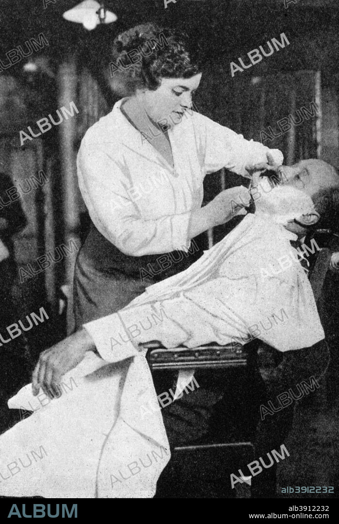 A woman barber, 1917 (1936). From His Majesty the King, 1910-1935, introduction by HW Wilson (Associated Newspapers Ltd, London, 1936).