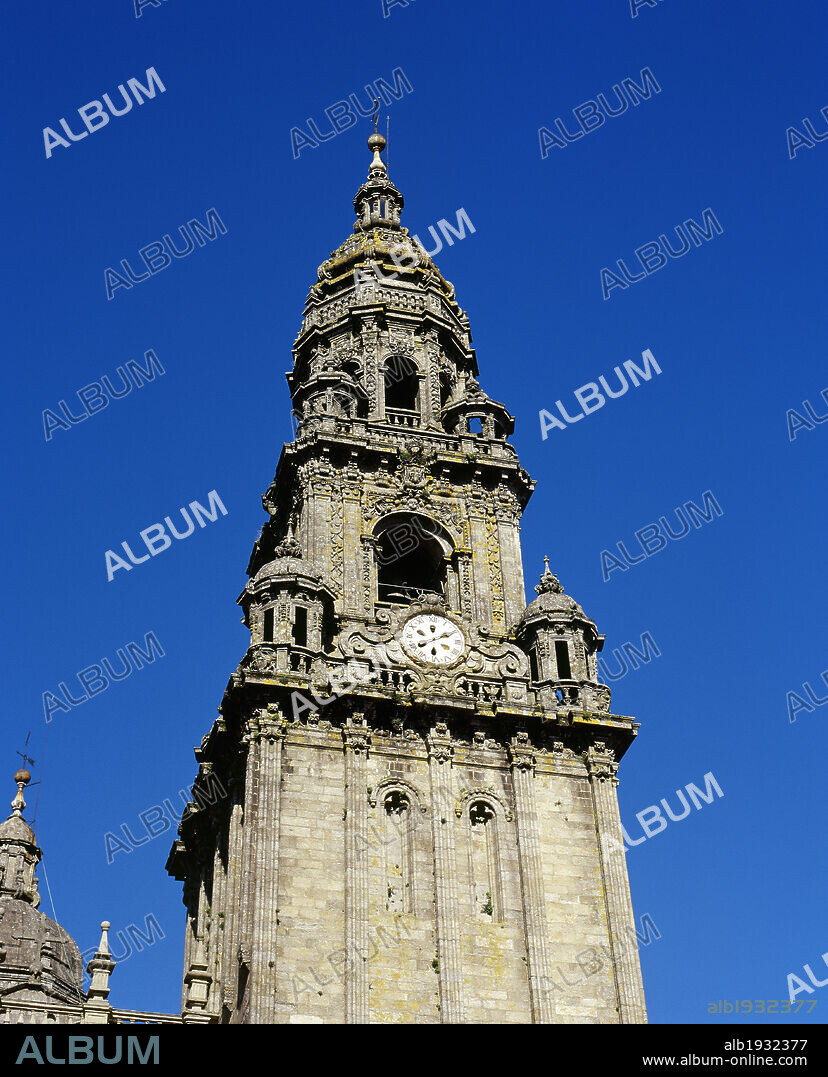 DOMINGO ANTONIO DE ANDRADE. 17TH CENTURY SPANISH ARCHITECT.. Spain, Galicia, Santiago de Compostela. The Cathedral. The Clock Tower or "Berenguela Tower". This name is erroneously taken from a defensive tower that Archbishop Berenguel de Landoira ordered to be built in 1316 to protect the western flank of the cathedral, although it has nothing to do with the Clock Tower, whose current appearance is due to Antonio de Andrade, the Master of Works in 1676, who erected the Baroque tower on the site of a medieval turret. The clock dates from 1831 and was built with a marble dial by Andrés Antelo. Architectural detail.
