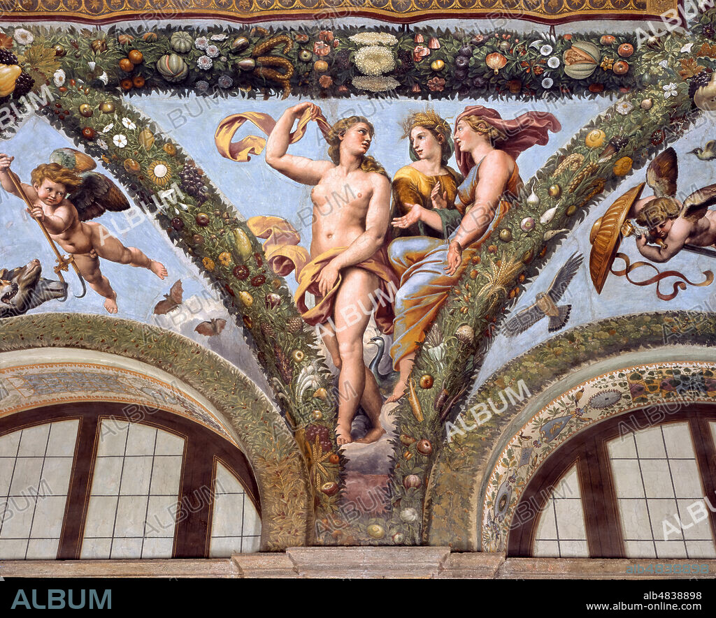 Rome, Villa Farnesina, Loggia of Cupid and Psyche: one vault pendentive depicting Psiche together with Venus and Juno.. Fresco by Giulio Romano on a Raphael's draft (1517-18).