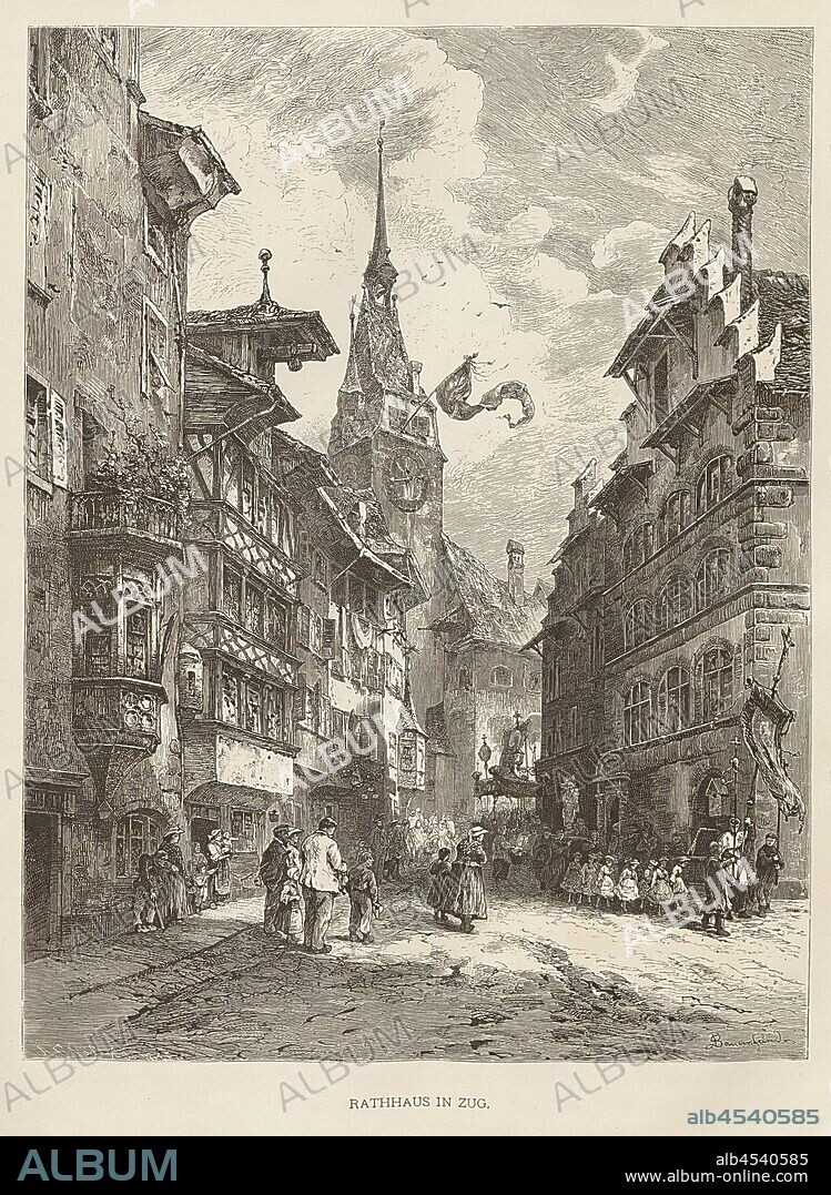 Town Hall in Zug, Illustration of the Town Hall in Zug from the 19th century, signed: A. Closs X. J, G. Bauernfeind, Fig. 101, according to p. 122, Closs, Adolf; Bauernfeind, Gustav, Woldemar Kaden: Das Schweizerland: eine Sommerfahrt durch Gebirg und Thal. Stuttgart: Engelhorn, 1875.