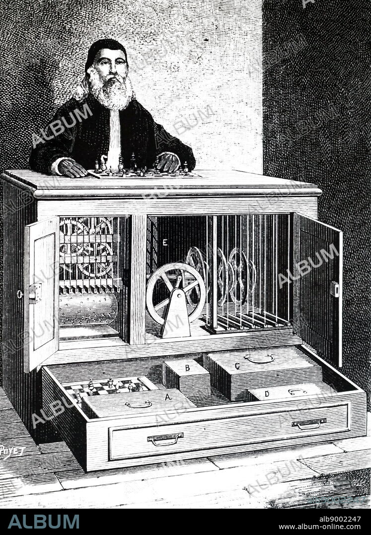 An engraving depicting Robert Houdin's automaton - chess player. 19th century.