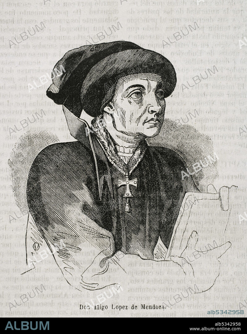 Iñigo López de Mendoza (1398-1458). Noble español de la Casa de Mendoza, I Conde del Real de Manzanares, III señor de Hita, I Marqués de Santillana. Retrato. Grabado. Historia General de España por el Padre Mariana. Madrid, 1852.