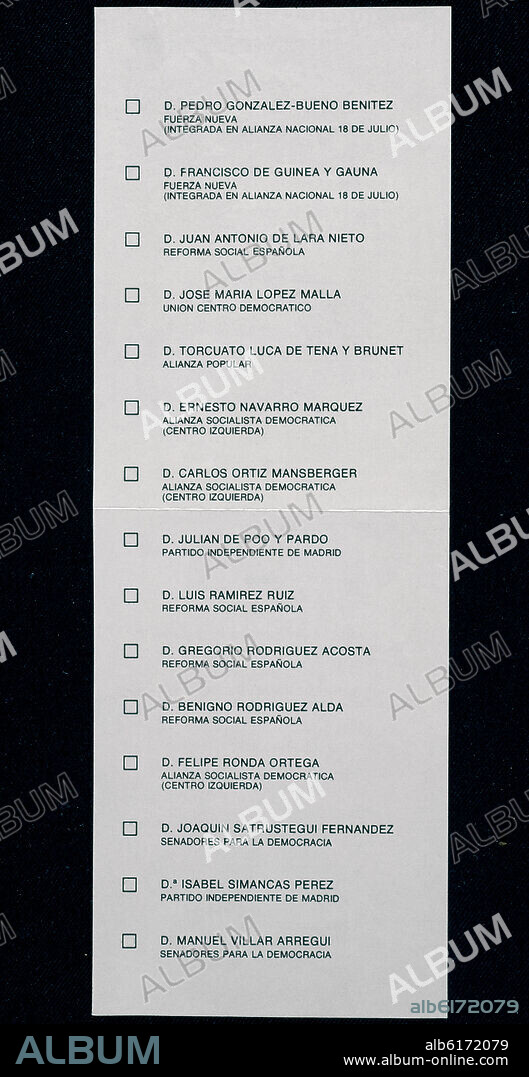 PAPELETA ELECTORAL DEL SENADO EN LAS ELECCIONES GENERALES DE 1977 EN LA PROVINCIA DE MADRID.