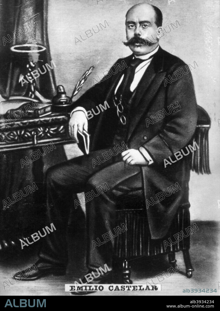 Emilio Castelar, a superb speaker born in Cadiz in 1832, illustrated liberal views in his speeches and writings. However, when he became  President of the Spanish Republic in 1873, he took no action in favour of the slaves or reform to the Cuban colonial regime. He died in 1899. Cigar card from the History of Cuba, Geografico Universal, Propaganda de los Cigarros Susini y La Corona, Tabacalera Cubana.