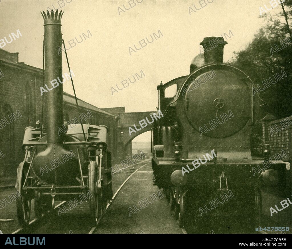 'A full size model of Stephenson's Rocket alongside an engine of the "George the Fifth" class, London Midland and Scottish Railway', 1930. From "The Wonder Book of Railways", edited by Harry Golding. [Ward, Lock & Co., Limited, London and Melbourne, 1930].