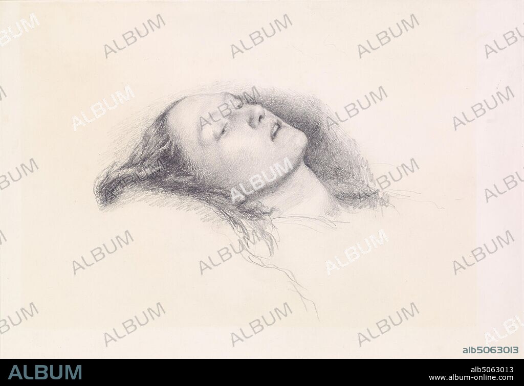 Ophelia, Head Study, 1852 John Everett Millais, From the Pre-Raphaelites.org website: 'Millais asked Elizabeth Siddal to pose for his painting 'Ophelia' (Tate Gallery, London) at the end of 1851, but she was unable to come to his studio until January 1852. There, to simulate the drowning heroine of 'Hamlet', she famously lay in a bath of water, warmed by lamps placed underneath.', Art Movement, Pre-Raphaelite, Drawing, Pencil, Women, Literature, William Shakespeare, Sketch, Female, Literature, Character.