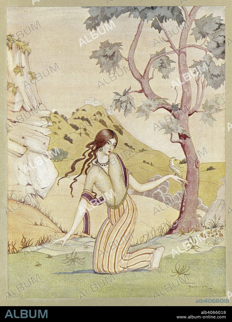 THOMAS MACKENSIE and JAMES ELROY FLECKER. Pervaneh.  Act III. Scene III. Hassan ... With illustrations by Thomas Mackenzie. London : William Heinemann, 1924. Source: 11774.k.13 plate opposite page 112.