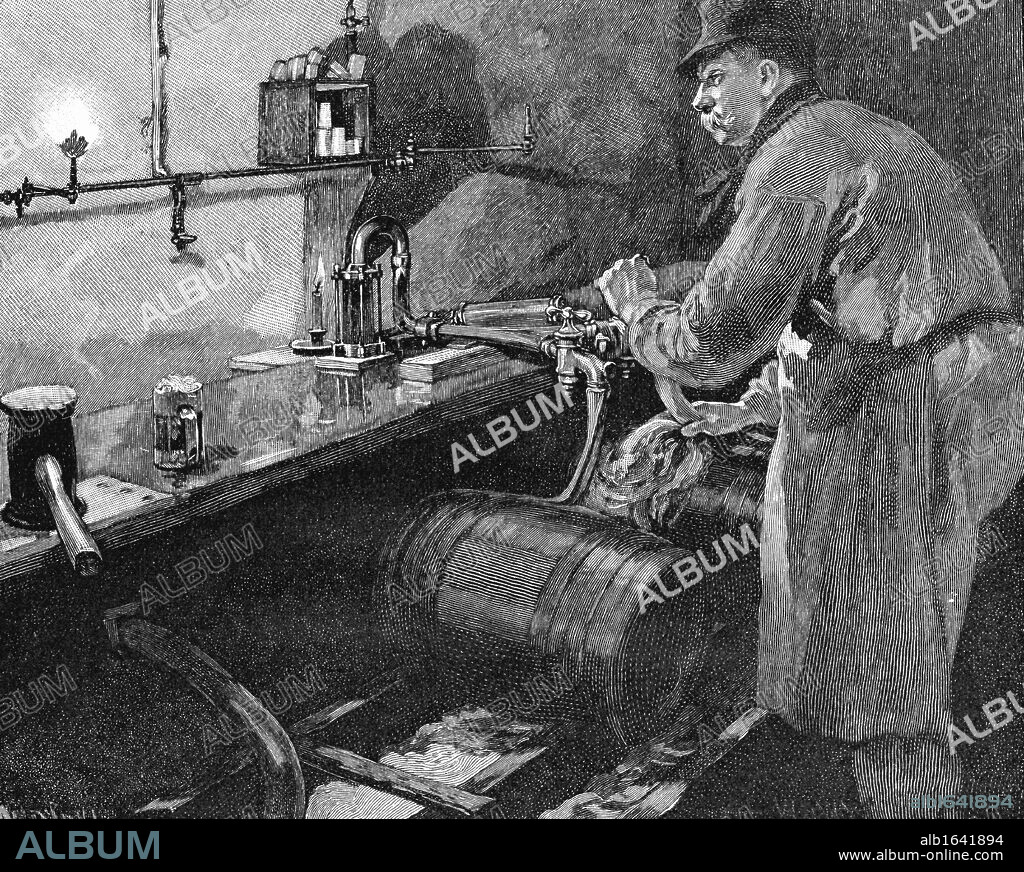 Filling beer barrels in an American brewery. Wood engraving published 1885.