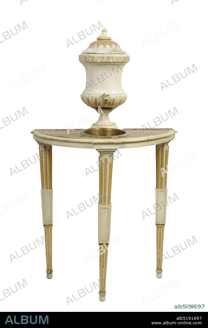 fountain, Anonymous, first quarter 19th century wash basin of later date, wood, tin, copper, Total: 137 x 77 x 38cm 1370 x 770 x 380mm, Table: 82 x 77 x 38cm 820 x 770 x 380mm, Vase: 54 x 27cm 540 x 270mm, dolphin, vase, Wooden corridor fountain consisting of a table on three slender legs, two semicircular and a round fluted, covered with a copper plate with a round washbasin. In the middle a Greek vase with lid as a fountain bowl with flutes and a meander on the top edge. On the lid a bay leaf and gilded edges. The spout in the shape of a dolphin with an open mouth. All wooden parts are painted white and gilded, Date 1933.