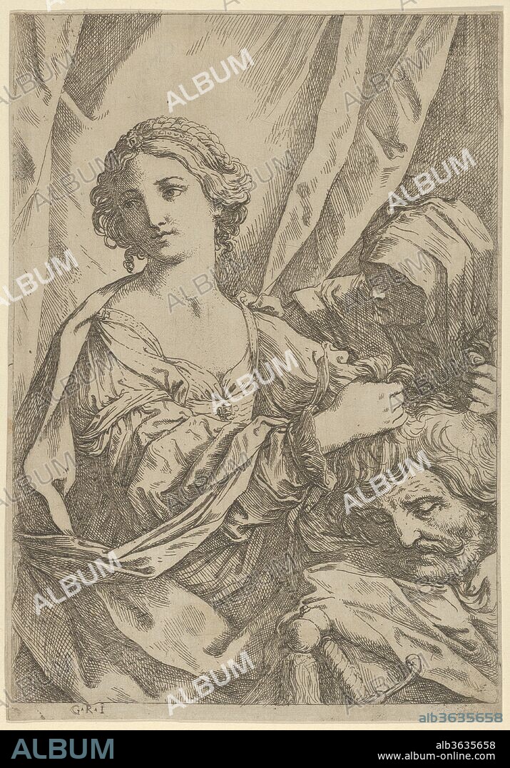 Judith grasping the head of Holofernes by the hair and looking to the left, an old woman at right. Artist: After Guido Reni (Italian, Bologna 1575-1642 Bologna); Attributed to Giovanni Andrea Sirani (Italian, Bolognese, 1610-1670). Dimensions: Sheet (Trimmed): 9 13/16 × 6 7/8 in. (25 × 17.5 cm). Date: 1600-1640.
