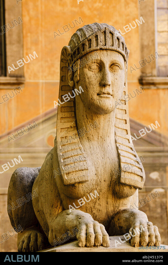 sculpture of a sphinx, 1833, Jacint Mateu, Paseo del Borne -Passeig des Born-, Palma, Mallorca, Balearic Islands, Spain, Europe.