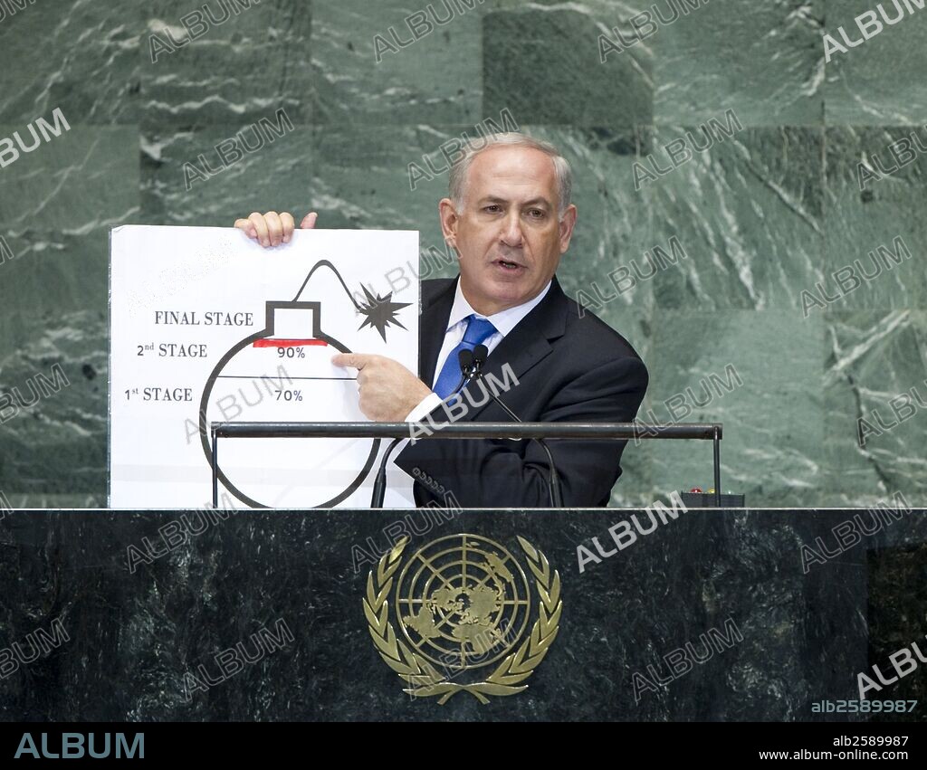 Israeli Prime Minister, Benjamin Netanyahu showing diagram of a bomb during his address to the U.N. General Assembly, Sept 27, 2012.