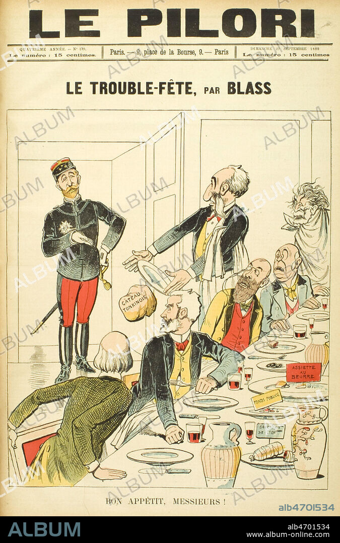 Le trouble-fete. Bon appetit messieurs. Le general BOULANGER (1837-1891) s'invitant a la table ou Jules FERRY (1832-1893) partage le gateau tonkinois. Illustration de J BLASS (1847-1892) pour Le Pilori de septembre 1889 . Credit : Coll. Dixmier/KHARBINE-TAPABOR.