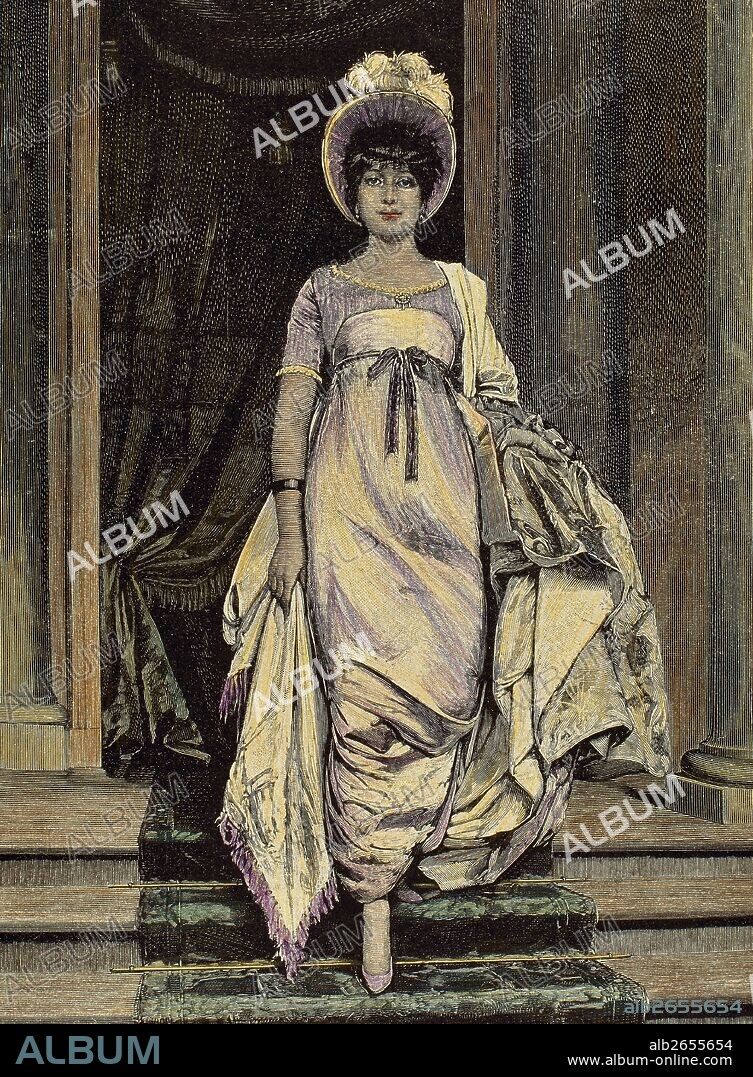 HISTORIA DE FRANCIA. PRIMER IMPERIO (1804-1820). Mujer vestida según el "ESTILO IMPERIO". Grabado coloreado del siglo XIX.