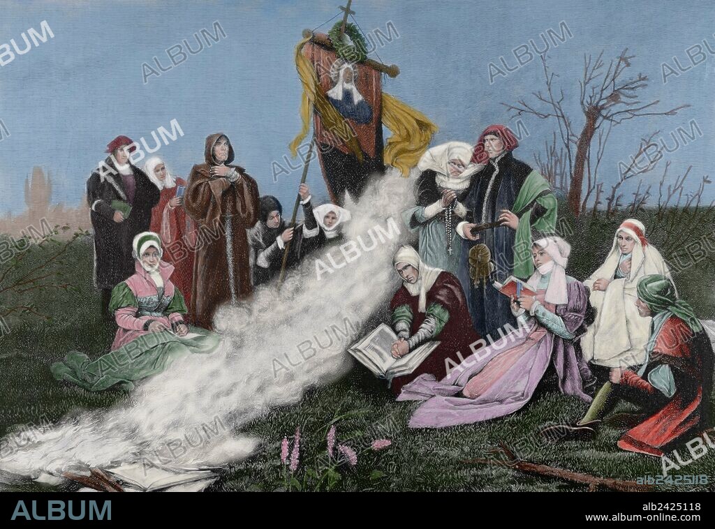 Movimiento lolardo o wyclifista. Movimiento político religioso de finales del siglo XIV e inicios del XV en Inglaterra. Precursor de la Reforma. Uno de sus objetivos era la reforma de la iglesia. Grabado coloreado de una pintura de J. Schikaneder "Los Lolardos". "Ilustración Artística".