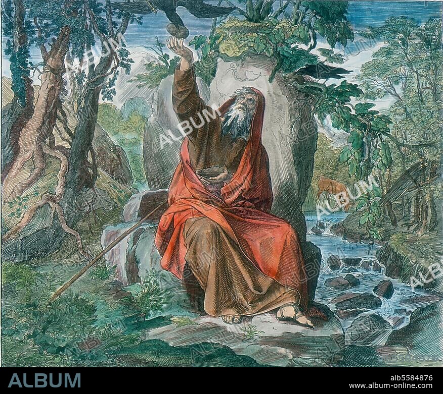 JULIUS SCHNORR VON CAROLSFELD. Schnorr von Carolsfeld, Julius. 1794-1874. "Elie nourri par les corbeaux". 1° Rois 17, 5-6. Tiré de : La Bible Illustrée, Série de gravures sur bois, 1860, coloriées post.