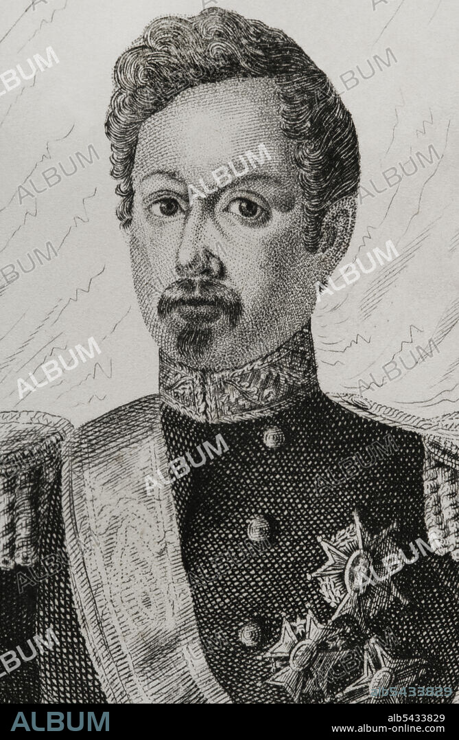 JOSÉ GÓMEZ. 19TH CENTURY-SPANISH ENGRAVER.. Ramón María Narváez (1799-1868). 1st Duke of Valencia. Spanish general and politician. Leader of the Moderate Party during the reign of Isabella II. Prime minister of Spain on seven occasions between 1844 and 1868. Portrait. Engraving by José Gómez. Detail. Panorama Español, Crónica Contemporánea. Volume III. Madrid, 1845.