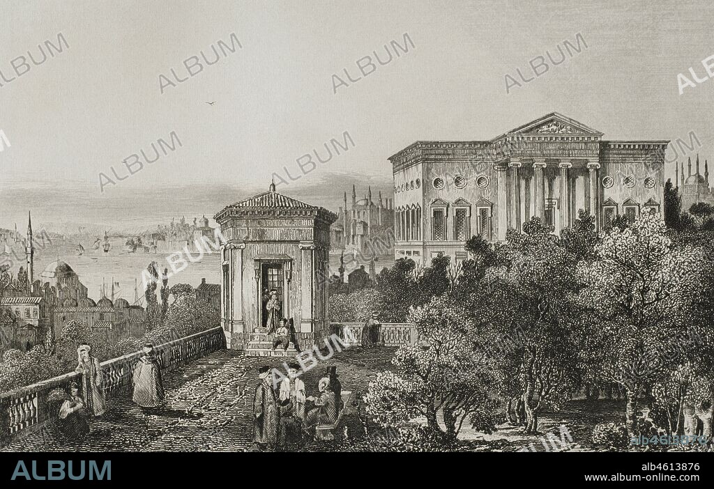 Turquía. Constantinopla (actual Estambul). Vista parcial de la ciudad, tomada desde el Palacio de Francia. Grabado por Lemaitre y L. Thienon. Historia de Turquía, por Joseph Marie Jouannin (1783-1844) y Jules Van Gaver. Panorama Universal, edición española de 1840.