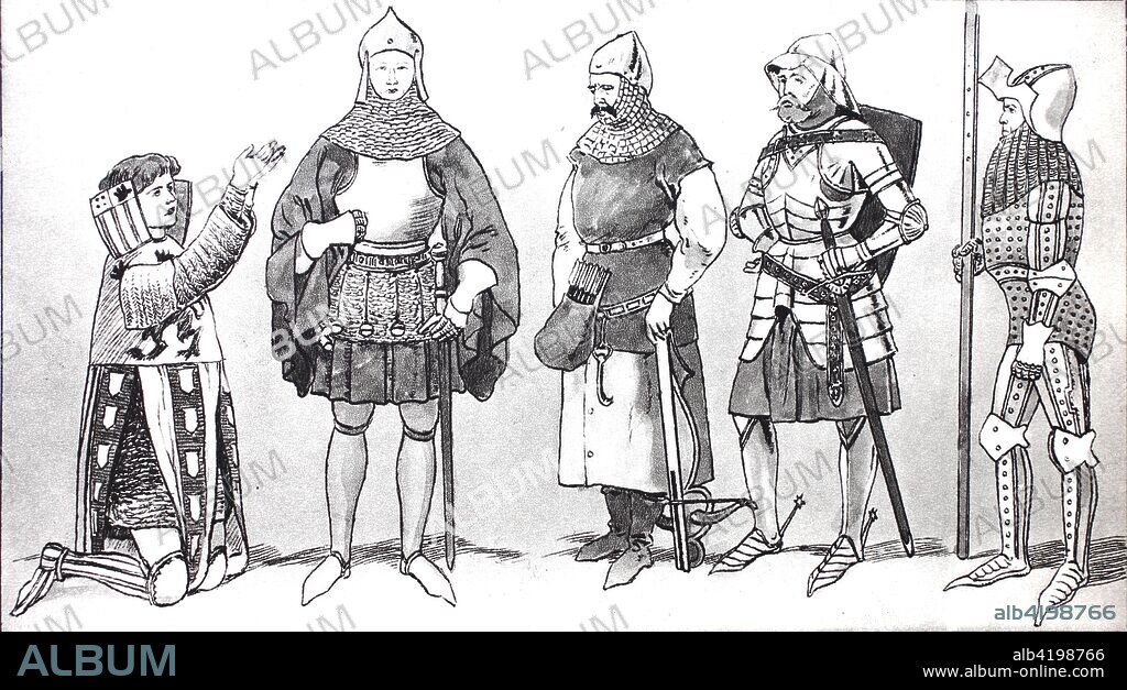 Clothing, fashion, knights costumes in the late Middle Ages, from the left, Burgundian young knights in the 14th century, knights with a peal belt around 1350, Polish crossbowmen in the 14th century, a polish nobleman in the 15th century and a soldier knight around 1375, digital improved reproduction of an original print from the 19th century.