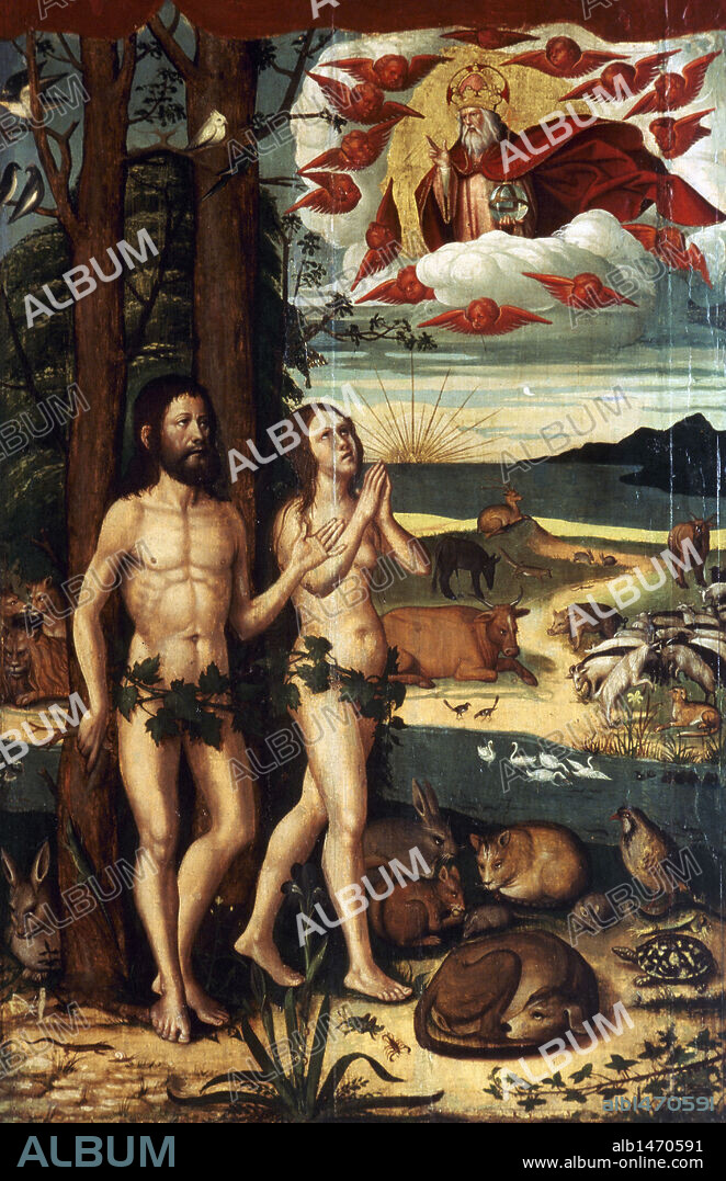 ARTE RENACIMIENTO. ESPAÑA. PERE MATES (h.1500-1558). "ADAN Y EVA". Detalle del RETABLO DE SEGUERO. Pintura sobre tabla. Procede de Santa Maria de Segueró (La Garrotxa, provincia de Girona). Museo de Arte de Girona. Cataluña.