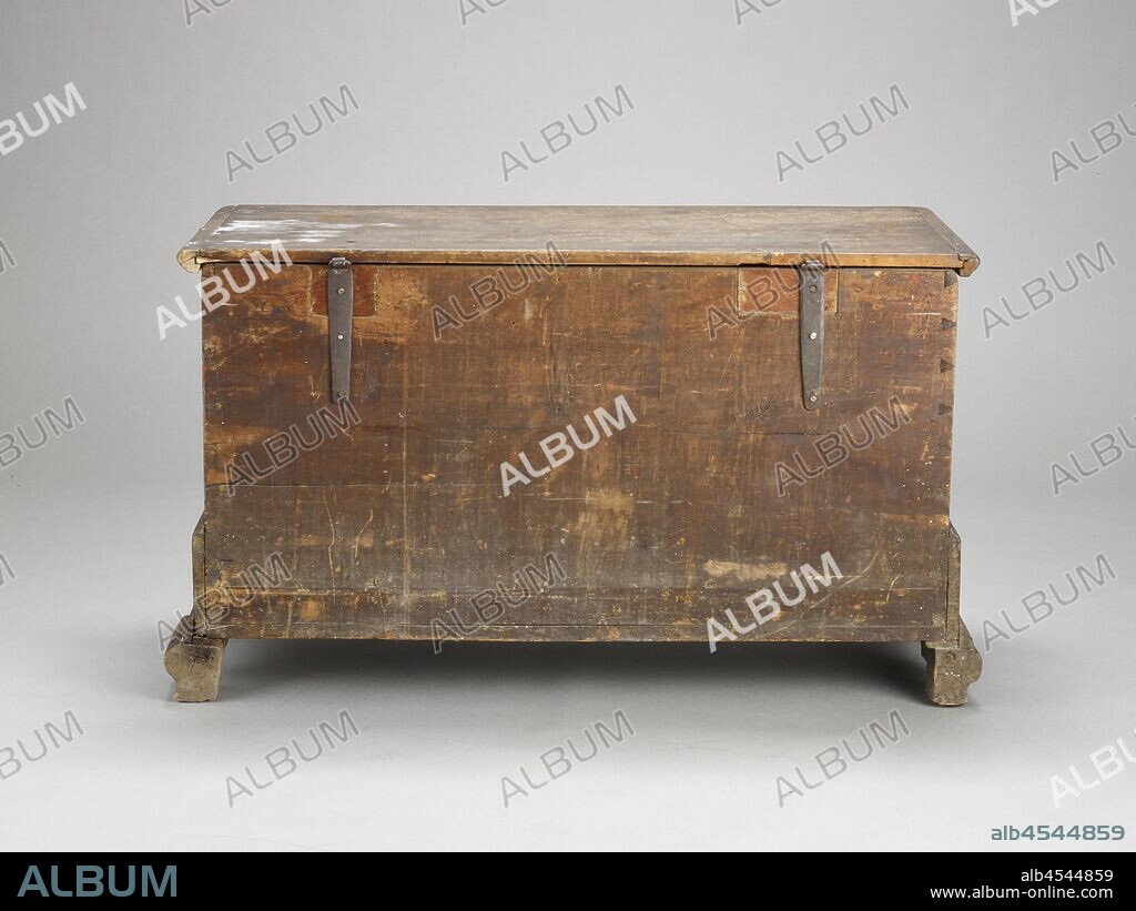 dower chest, Unknown, 1799, pine, poplar, wrought-iron hinges, brass mounts, 30 x 53-1/2 x 24-1/2 in., Painted in black, front side, near bottom of top portion of chest, inside left arched panel: 1 7 Painted in black, front side, near bottom of top portion of chest, inside right arched panel: 9 9 Inscribed in pencil, interior drawer, bottom, visible when viewed from above: april 7 1927 Inscribed in pencil, same interior drawer, left side: Repaired By, J H Friedel, 114 Jay st Lock Haven, American, Pennsylvania German, Decorative Arts.