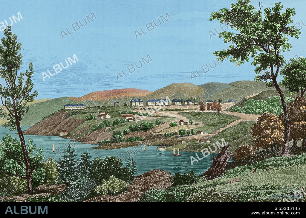 Estados Unidos. La Academia Militar de los Estados Unidos, conocida como Academia Militar de West Point. Creada en 1802, junto al río Hudson, al norte de Nueva York. Grabado por Lemaitre, Milbert y Desaulx. Panorama Universal. Historia de los Estados Unidos de América, por Roux de Rochelle. Edición española, impresa en Barcelona, 1850. Coloreado.