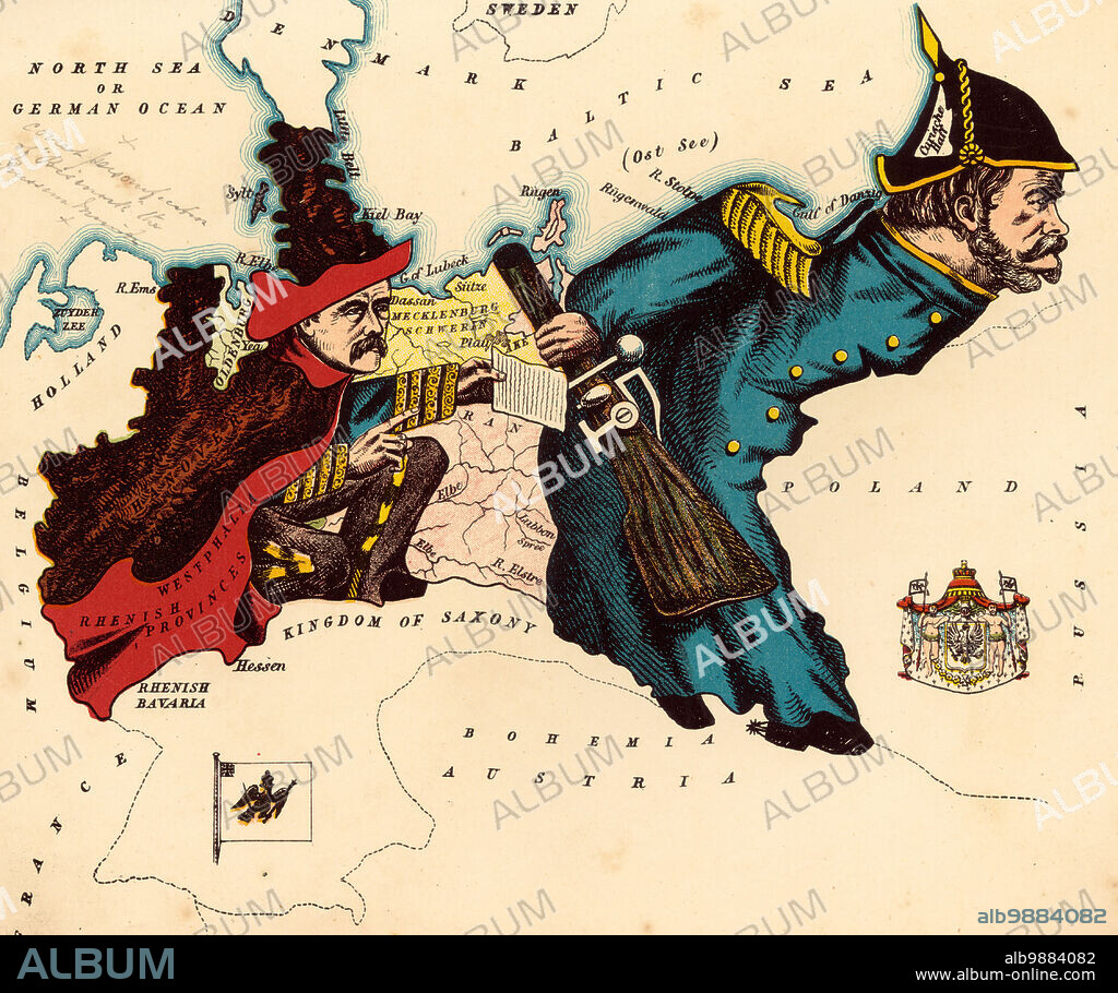 Personified map, circa 1880, Prussia, depicted with a Prussian soldier, Historical, digitally restored reproduction from a 19th century template.