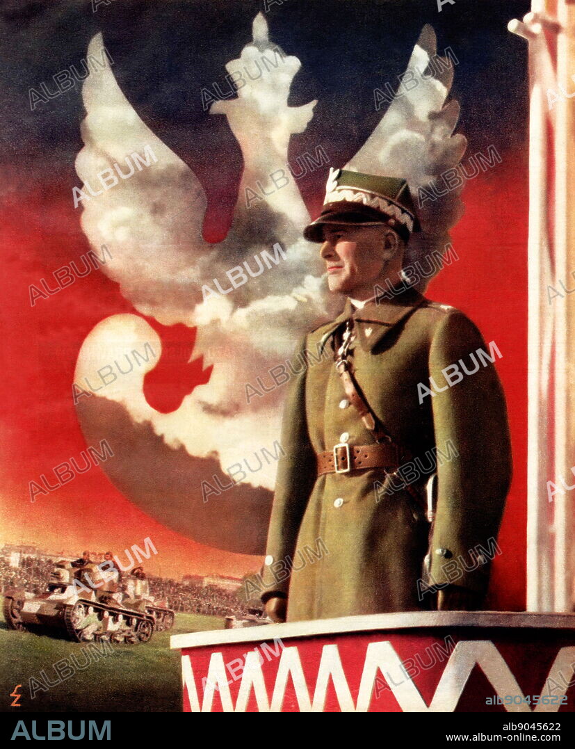 Marshall Edward Rydz-Smigly; propaganda poster,, 1939. Marshal Edward Rydz-Smigly (1886 2 December 1941). Polish politician, statesman, ; Commander-in-Chief of Poland's armed forces. During the interwar period, he was an exceptionally admired public figure in Poland and was regarded as a hero for his exemplary record as an army commander in the Polish Legions of World War I and the ensuing Polish-Soviet War of 1920.