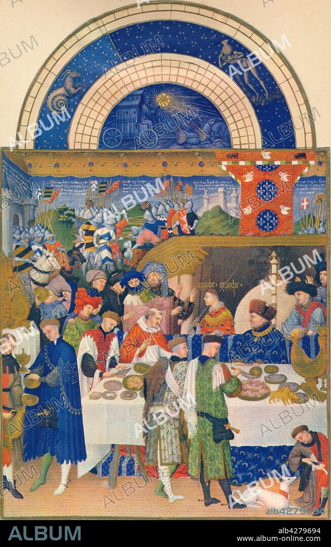JEAN LIMBOURG. January - the Duc de Berry at table, 15th century, (1939). 'Janvier - Le Duc De Berry A Table'. Jean de France, duc de Berry (1340-1416, the seated figure in a blue robe) at a New Year banquet, with a battle scene in the background. A page from the "Très Riches Heures du Duc de Berry", a book of hours produced for the Duc de Berry and commissioned from the Limbourg brothers. Made between c1412 and 1489, and regarded as one of the finest examples of European manuscript illumination, it is held at the Musee Condé, Chantilly, France. Published in "Verve - No. 7, Vol. II". [Verve, France, 1939].