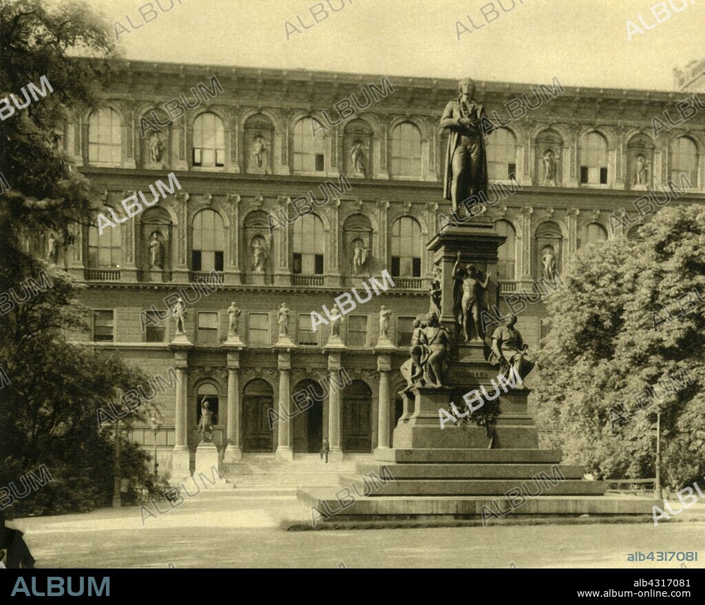 The Academy of Fine Arts and Schiller Monument, Vienna, Austria, c1935. Bronze statue of German poet Friedrich Schiller (1759-1805), designed by Johannes Schilling and unveiled in 1876. The art school is famous for twice rejecting Adolf Hitler because of his 'unfitness for painting'. From "Österreich - Land Und Volk", (Austria, Land and People). [R. Lechner (Wilhelm Müller), Vienna, c1935].