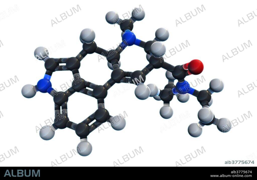 A molecular model of LSD (lysergic acid diethylamide), a psychedelic drug which affects a user's thought process, perceived visuals, sense of time, and may trigger synesthesia and spiritual experiences.  LSD is a colorless, odorless, and tasteless compound, synthesized from a chemical found in a grain fungus grown on rye.  The drug is usually taken in the form of an absorbent blotter paper, sugar cubes, gelatin, or injected with a syringe.  Atoms are colored dark gray (carbon), light gray (hydrogen), red (oxygen), and blue (nitrogen).