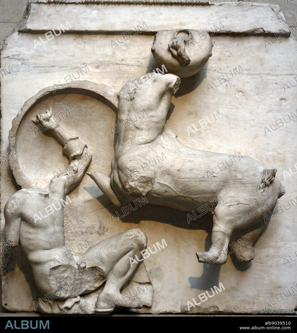 One of the Metopes (Tablet with relief sculpture) from the Parthenon, Athens. made from marble.