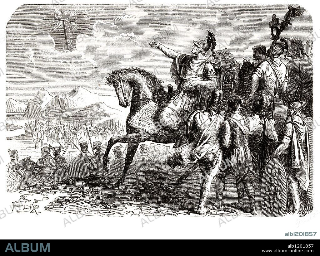 Constantino I El Grande (272-337). Emperador romano del 306 al 337. El día anterior a la batalla del puente Milvio tuvo una visión que le movió a convertirse al cristianismo. Grabado de 1866.
