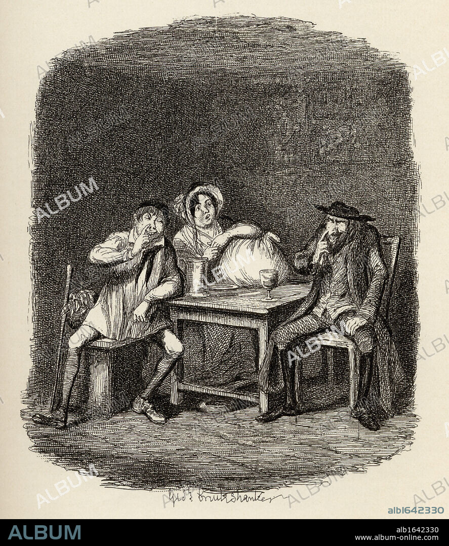 The Jew and Morris Bolter begin to understand each other. From the book "The Adventures of Oliver Twist" by Charles Dickens, with illustrations by G.Cruikshank. Published by Chapman and Hall, London 1901.
