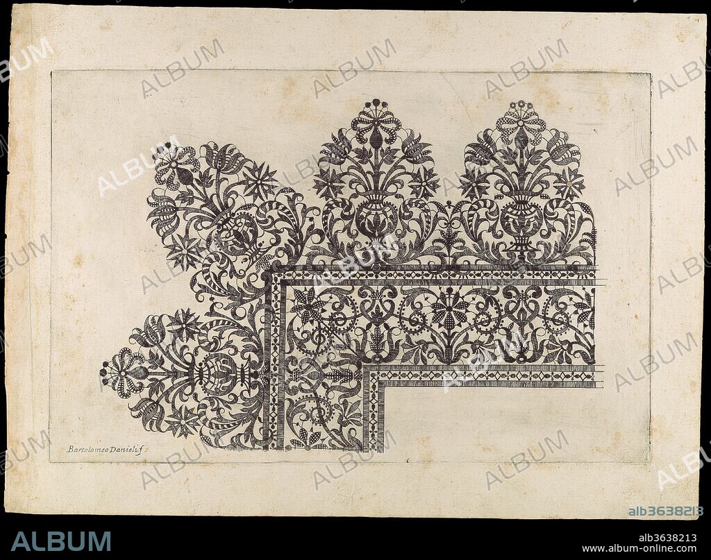 Vari disegni di merletti (page 12r). Artist: Bartolomeo Danieli (Italian, active Bologna and Siena 1610-1643). Dimensions: sheet: 11 5/8 x 15 3/4 in. (29.5 x 40 cm)
book: 13 3/8 x 19 5/16 in. (34 x 49 cm). Published in: Bologna. Publisher: Published by Agostino Parisini & Giovanni Battista Negroponte , Bologna. Date: 1639.