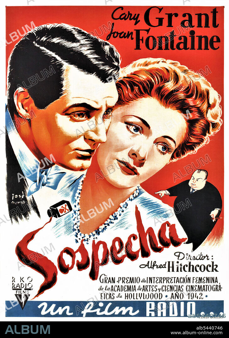 CARY GRANT and JOAN FONTAINE in SUSPICION, 1941, directed by ALFRED HITCHCOCK. Copyright RKO.
