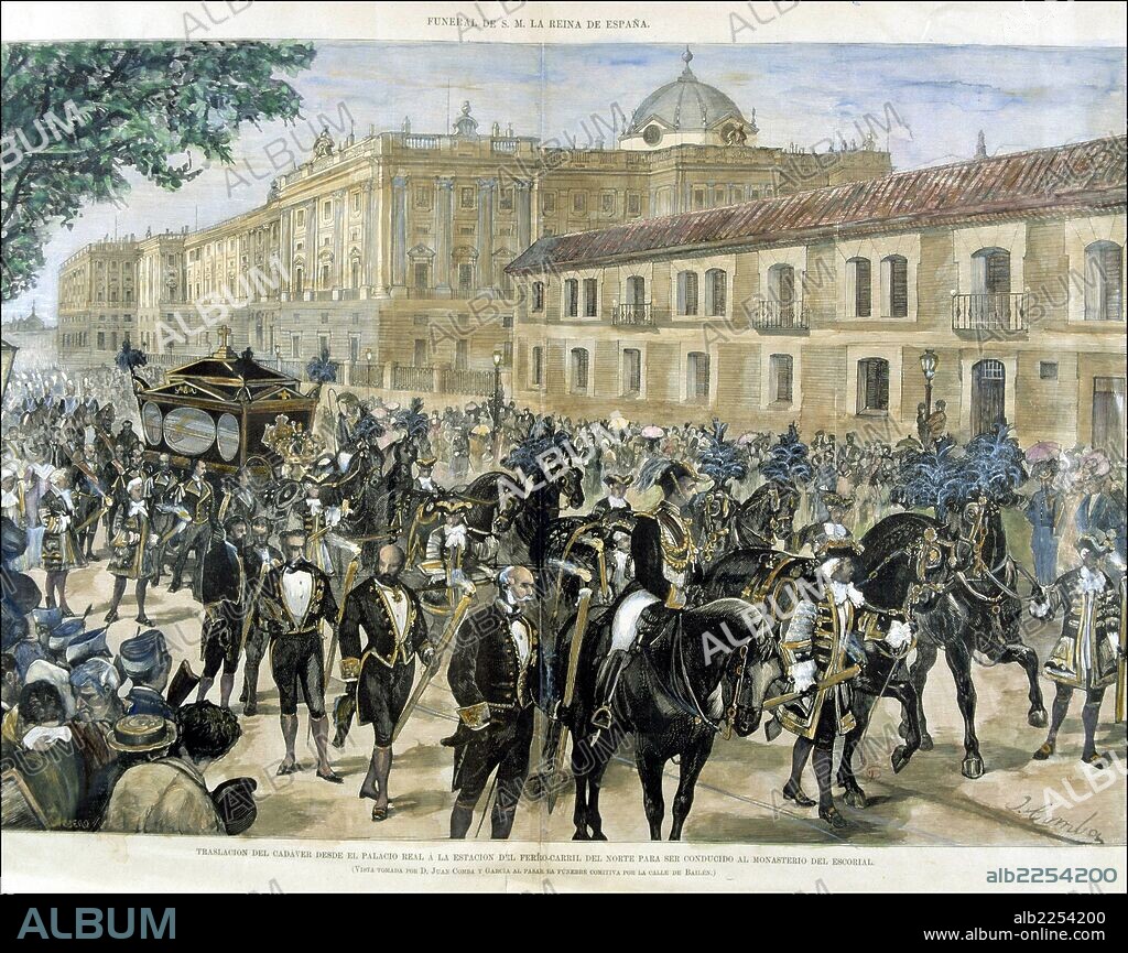 MARIA DE LAS MERCEDES ORLEANS Y BORBON. REINA DE ESPAÑA. 1860 - 1878. ESPOSA DE ALFONSO XII. " CONDUCCION DE SU CADAVER A LA ESTACION DEL NORTE ". DIBUJO DE JUAN COMBA. ILUSTRACION ESPAÑOLA Y AMERICANA.